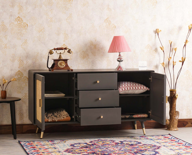 Boston Solid Wood Rattan Cane Two Door Sideboard with three Drawers - Sideboard - Furniselan Slate-Grey