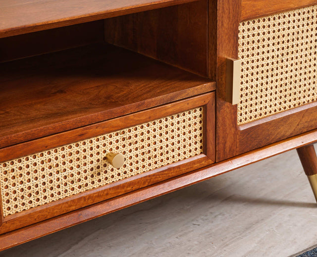 Boston Solid Wood Rattan Cane Tv Cabinet with Two Doors and Two Drawers - Tv Cabinet - Furniselan-Brown-Finish