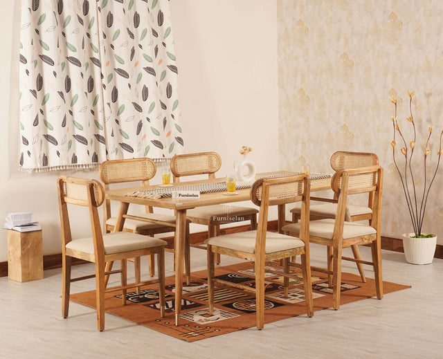 Boston Solid Wood Rattan Cane Dining Table Six Seater Set Furniselan Natural-Finish
