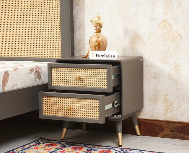 Boston Solid Wood Rattan Cane Two Drawer Bedside Table - Bedside Table - Furniselan Slate-Grey