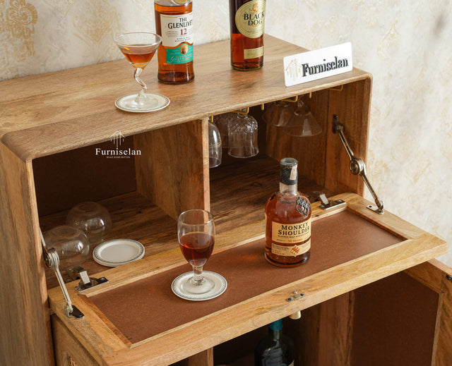 Boston Solid Wood Rattan Cane Bar Cabinet with Glass Holder Storage Multipurpose features Furniselan Natural Finish