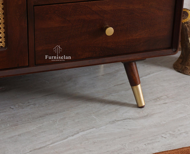 Boston Solid Wood Rattan Cane Tv Cabinet with Two Doors and Four Drawers - Tv Cabinet - Furniselan Grey-Finish