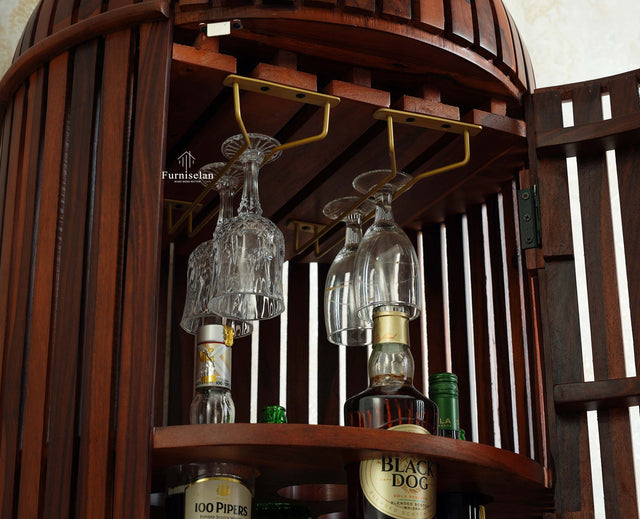 Florence Decanter Style Sheesham Wood Bar Cabinet with Glass Holder Furniselan Maple Finish