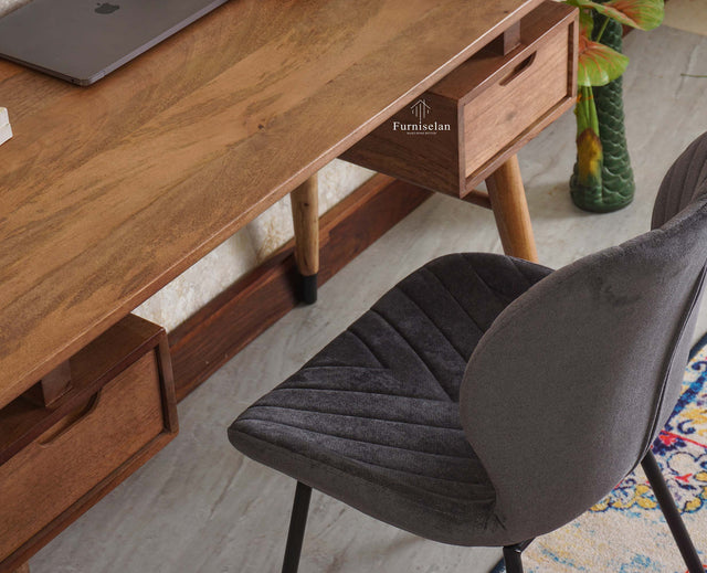 Hosur Solid Mango Wood Two Drawer Study Table With Chair Furniselan - Natural-Oak-Finish