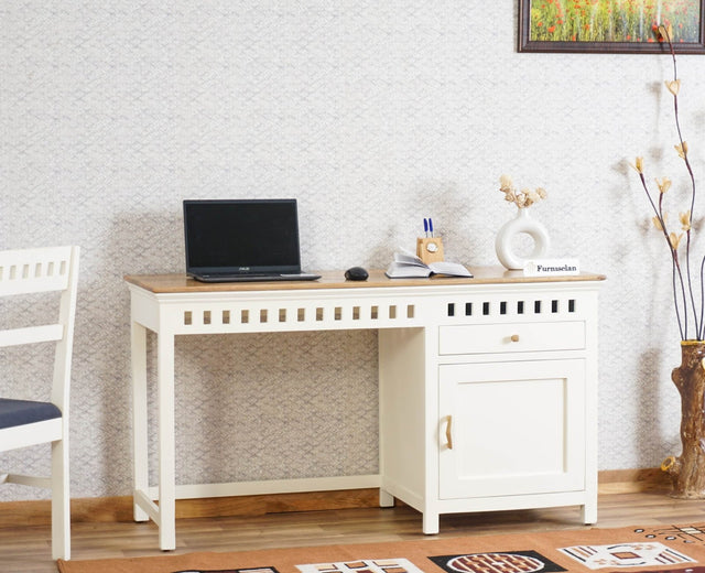 Alexandria Solid Wood Study Table - One Door and one Drawer With Chair - Study Table - Furniselan - Frosty White