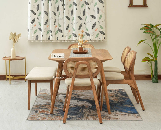 Antilia Wooden Six Seater Dining set with Four Chairs and Bench with Cushion Natural Finish