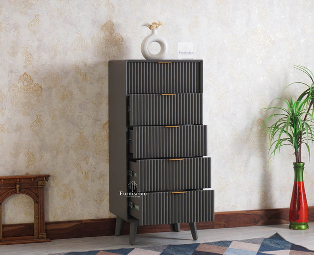 Bengaluru Solid Wood Tall Five Drawer Chest of Drawers - Sideboard - Furniselan - Slate Grey