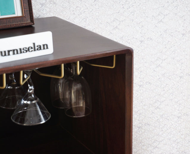 Boston Solid Wood Rattan Cane Bar Cabinet with Glass Holder Storage Furniselan Grey-Finish