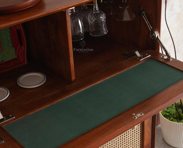 Boston Solid Wood Rattan Cane Bar Cabinet with Glass Holder Storage Multipurpose features - Bar Cabinet - Furniselan Brown-Finish