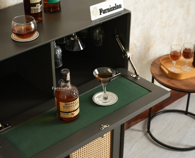 Boston Solid Wood Rattan Cane Bar Cabinet with Glass Holder Storage Multipurpose features Furniselan Slate Grey