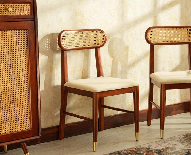 Boston Solid Wood Rattan Cane Dining Table Four Seater Set Square Furniselan Brown-Finish
