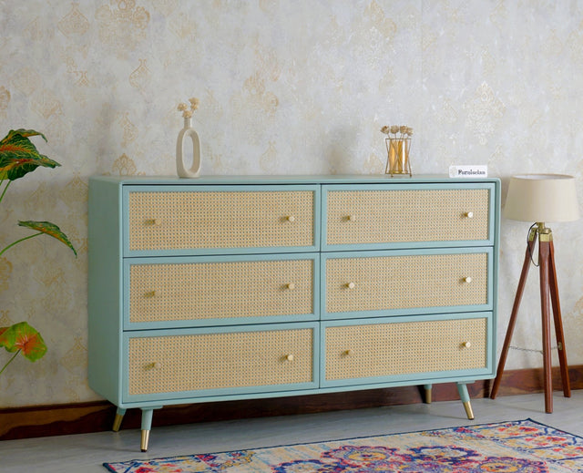 Boston Solid Wood Rattan Cane Chest of Drawer Six Drawer Dressing Chester - Chest of Drawer - Furniselan - Silt-Green