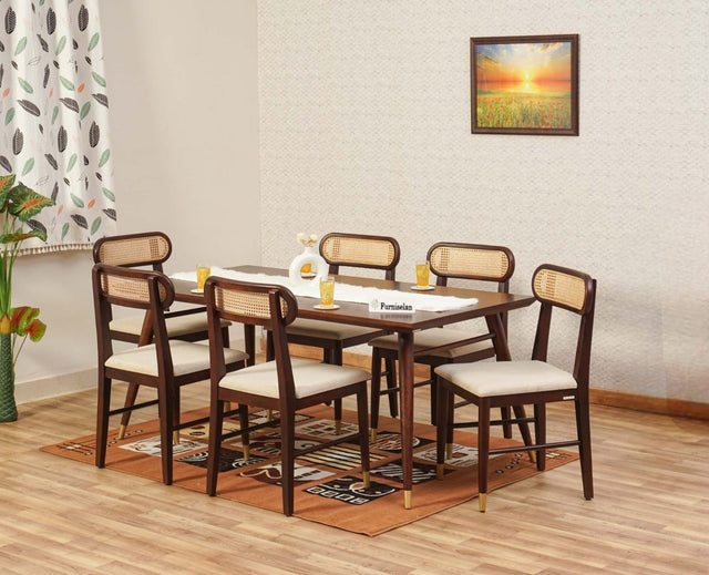 Boston Solid Wood Rattan Cane Dining Table Six Seater Set Furniselan Grey-Finish