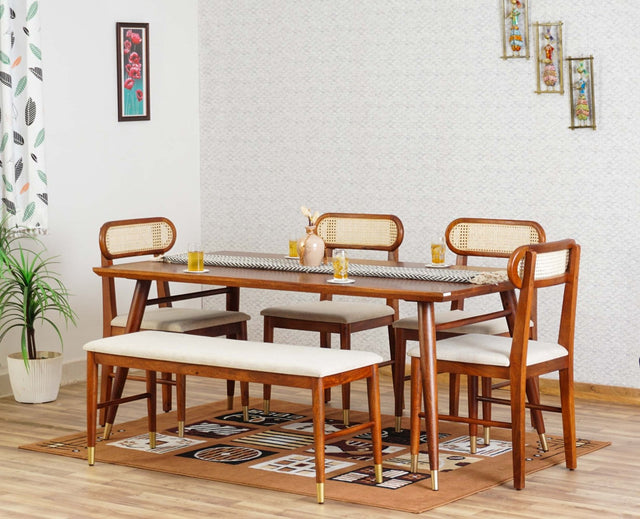Boston Solid Wood Rattan Cane Dining Table Six Seater Set with Bench Furniselan Brown-Finish