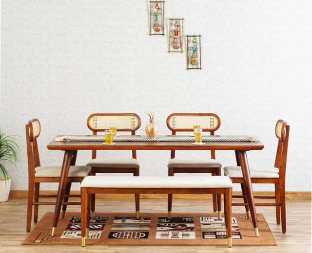 Boston Solid Wood Rattan Cane Dining Table Six Seater Set with Bench Furniselan Brown-Finish