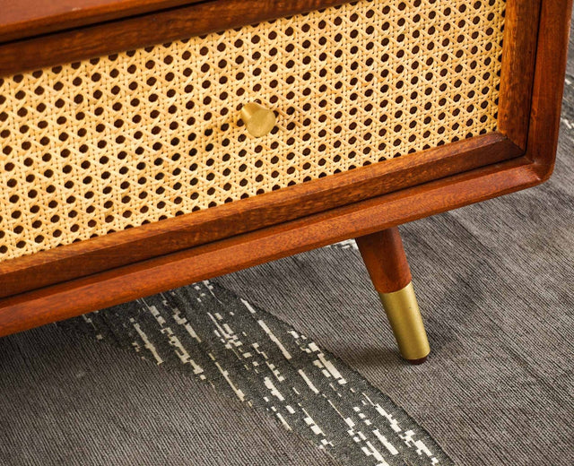 Boston Solid Wood Rattan Cane One Drawer Coffee Table Furniselan - Brown-Finish