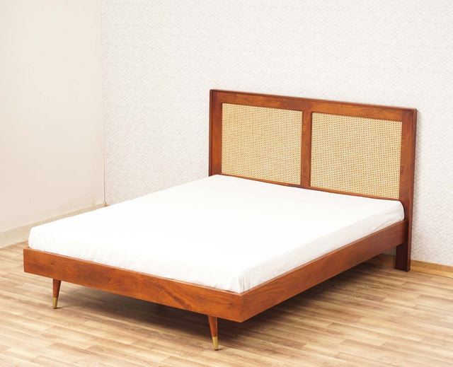 Boston Solid Wood Rattan Cane Queen Size Bed Furniselan Brown-Finish