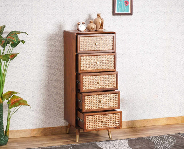 Boston Solid Wood Rattan Cane Tall Chest of Drawer Five Drawer Furniselan Brown-Finish