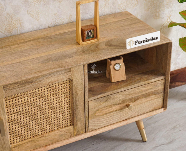 Boston Solid Wood Rattan Cane Tv Cabinet with Two Doors and Four Drawers - Tv Cabinet - Furniselan Natural-Finish
