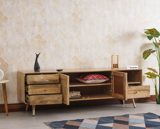 Boston Solid Wood Rattan Cane Tv Cabinet with Two Doors and Four Drawers - Tv Cabinet - Furniselan Natural-Finish