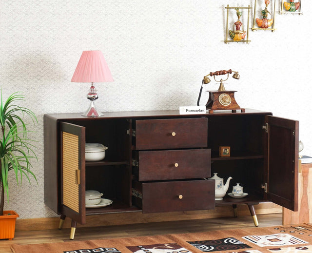 Boston Solid Wood Rattan Cane Two Door Sideboard with three Drawers Furniselan Grey-Finish