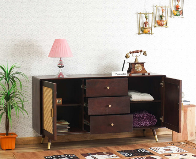 Boston Solid Wood Rattan Cane Two Door Sideboard with three Drawers Furniselan Grey-Finish