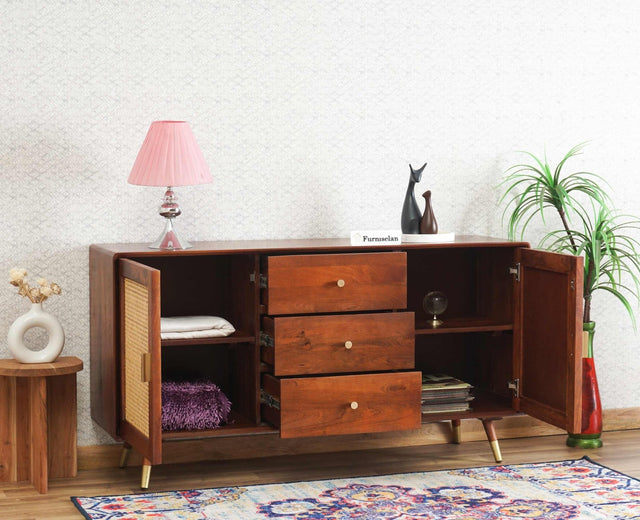 Boston Solid Wood Rattan Cane Two Door Sidebaord with three Drawers - Sideboard - Furniselan Brown-Finish