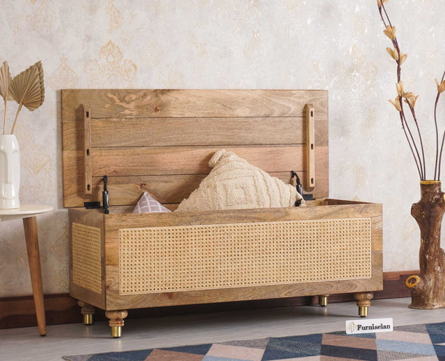 Boston Solid Wood Rattan Storage Trunk Box - Trunks & Cabinets - Furniselan