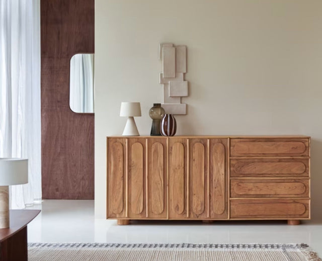 Chicago Solid Wood Two Door Three drawer Storage Cabinet Furniselan - Natural-Finish