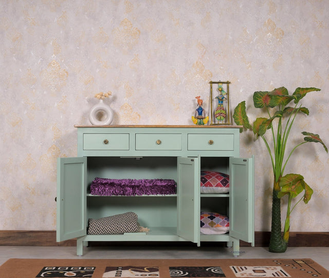 Spain Solid Mango Wood Sideboard Cabinet - 3 Doors & 3 Drawers - Sideboard - Furniselan - Silt-Green