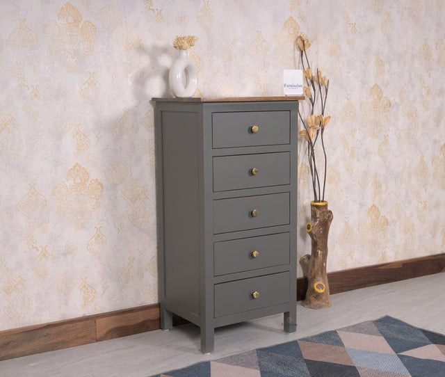 Spain Solid Mango Wood Tall Chest of Drawer - Five Drawers - Chest of Drawer - Furniselan - Slate-Grey