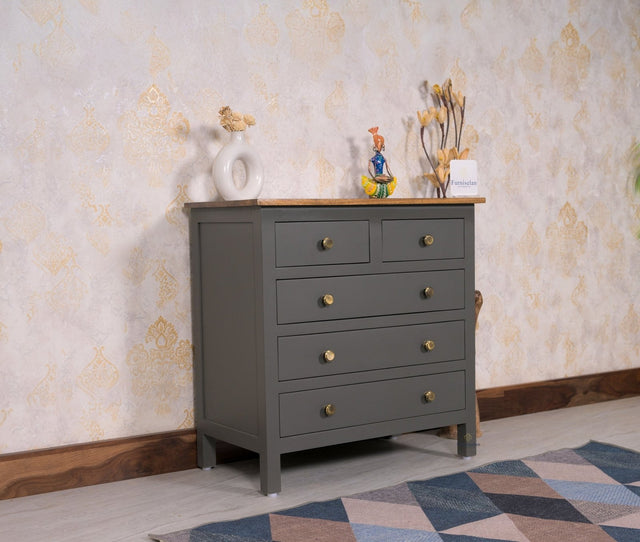 Spain Solid Mango Wood Wide Chest of Drawer - Five Drawers - Chest of Drawer - Furniselan - Slate-Grey
