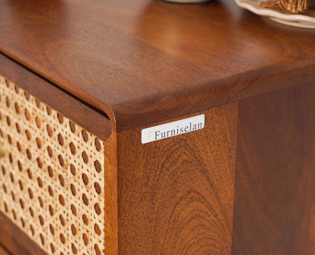 Boston Solid Wood Rattan Cane Tall Chest of Drawer Five Drawer Furniselan Brown-Finish