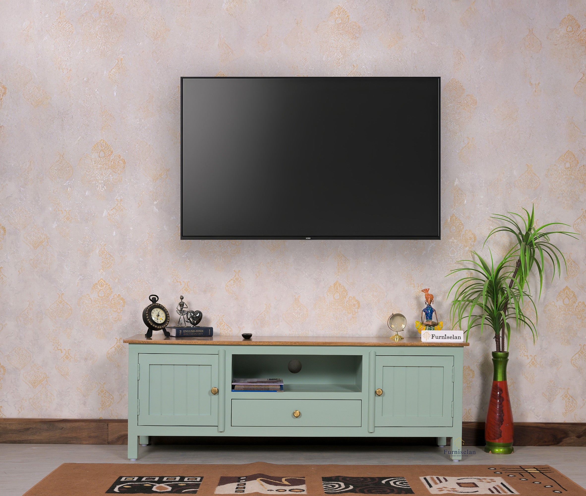 Spain Solid Mango Wood Tv cabinet - Two Doors and One Drawer - Tv Cabinet - Furniselan - Silt-Green