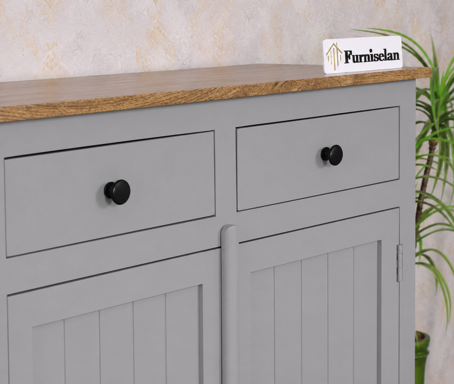 Spain Solid Mango Wood Shoe Rack Cabinet - 2 Doors & 2 Drawers - Sideboard - Furniselan -  Cool Grey