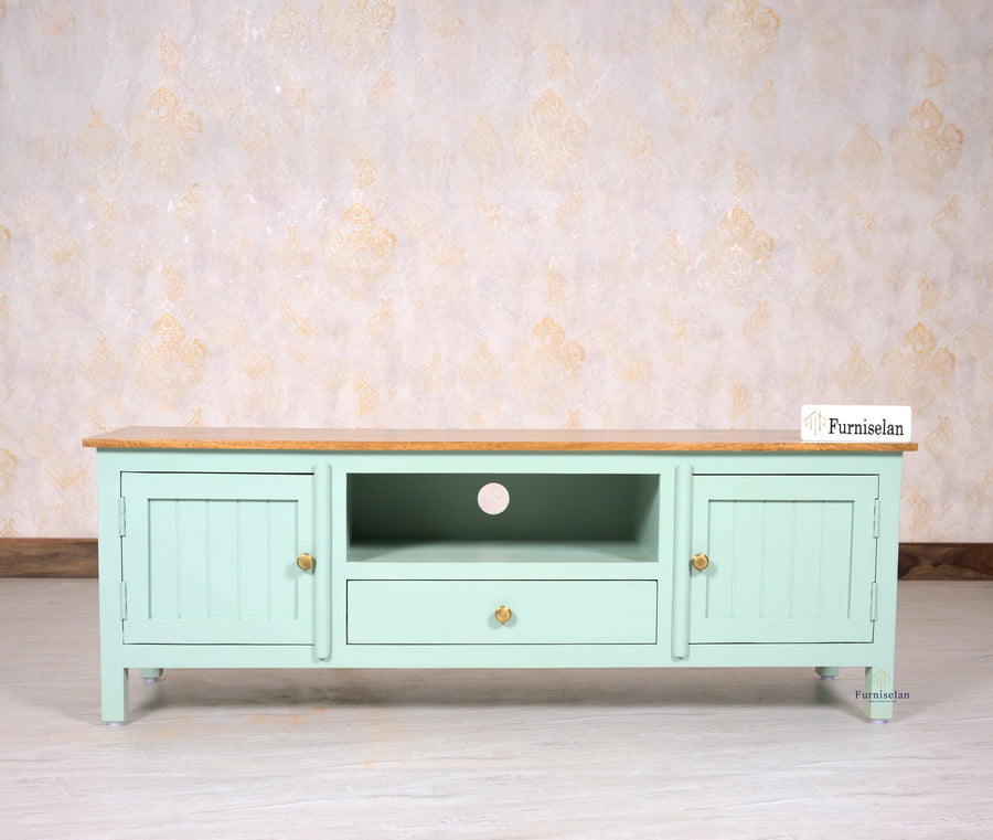 Spain Solid Mango Wood Tv cabinet - Two Doors and One Drawer - Tv Cabinet - Furniselan - Silt-Green