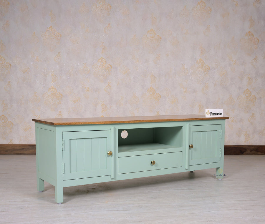 Spain Solid Mango Wood Tv cabinet - Two Doors and One Drawer - Tv Cabinet - Furniselan - Silt-Green