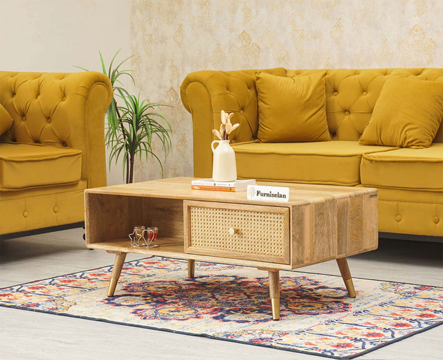 Boston Solid Wood Rattan Cane One Drawer Coffee Table Furniselan - Natural-Finish