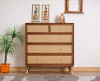 Boston Wooden Rattan Cane Chest of Drawer Five Drawer Cabinet Brown Finish