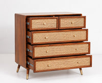 Boston Wooden Rattan Cane Chest of Drawer Five Drawer Cabinet Brown Finish