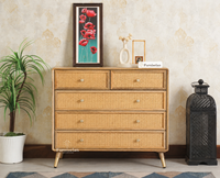 Boston Wooden Rattan Cane Chest of Drawer Five Drawer Cabinet Natural Finish