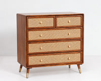 Boston Wooden Rattan Cane Chest of Drawer Five Drawer Cabinet Brown Finish