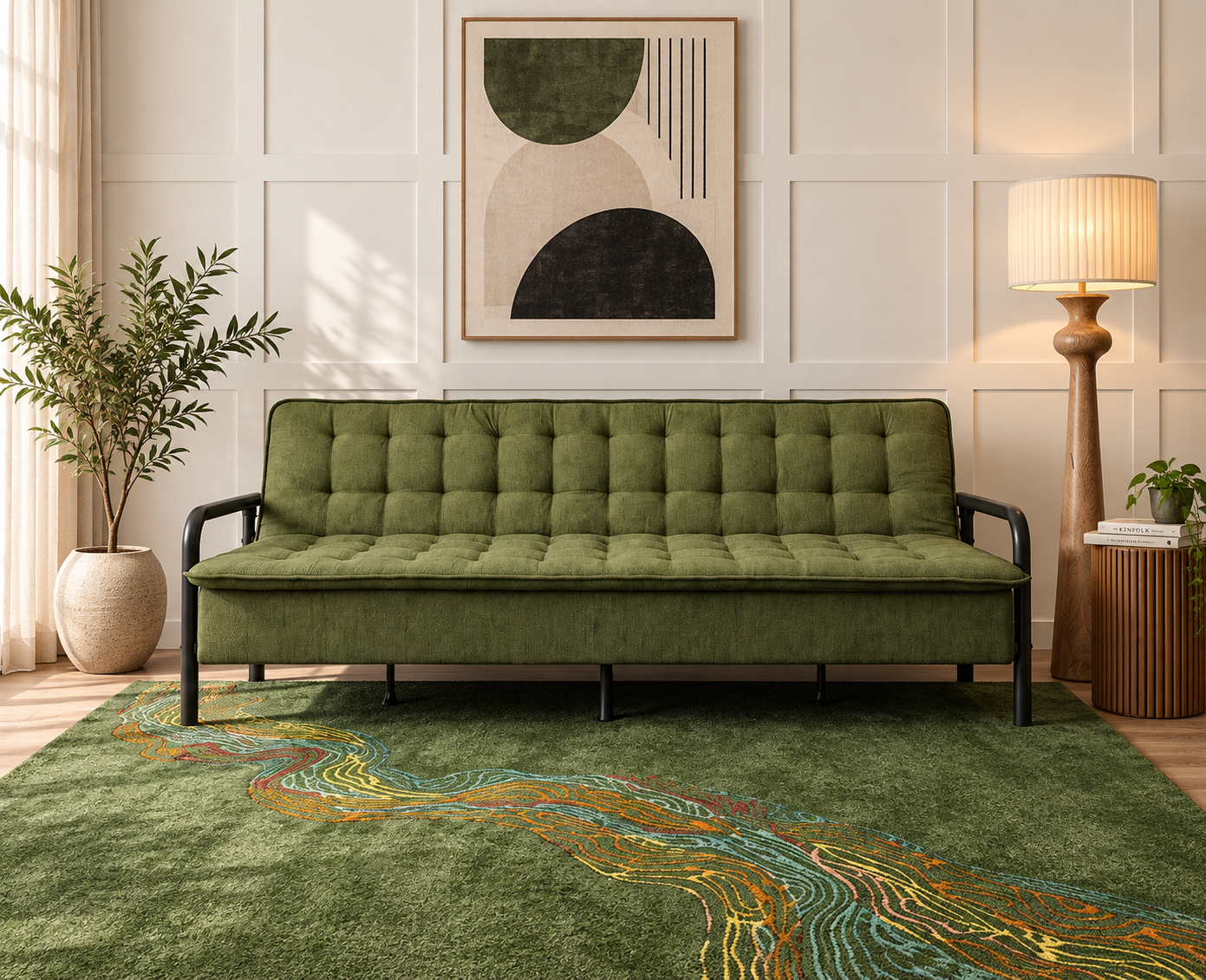 Lennox Tufted Convertible Sofa Bed -  Olive Green