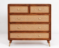 Boston Wooden Rattan Cane Chest of Drawer Five Drawer Cabinet Brown Finish