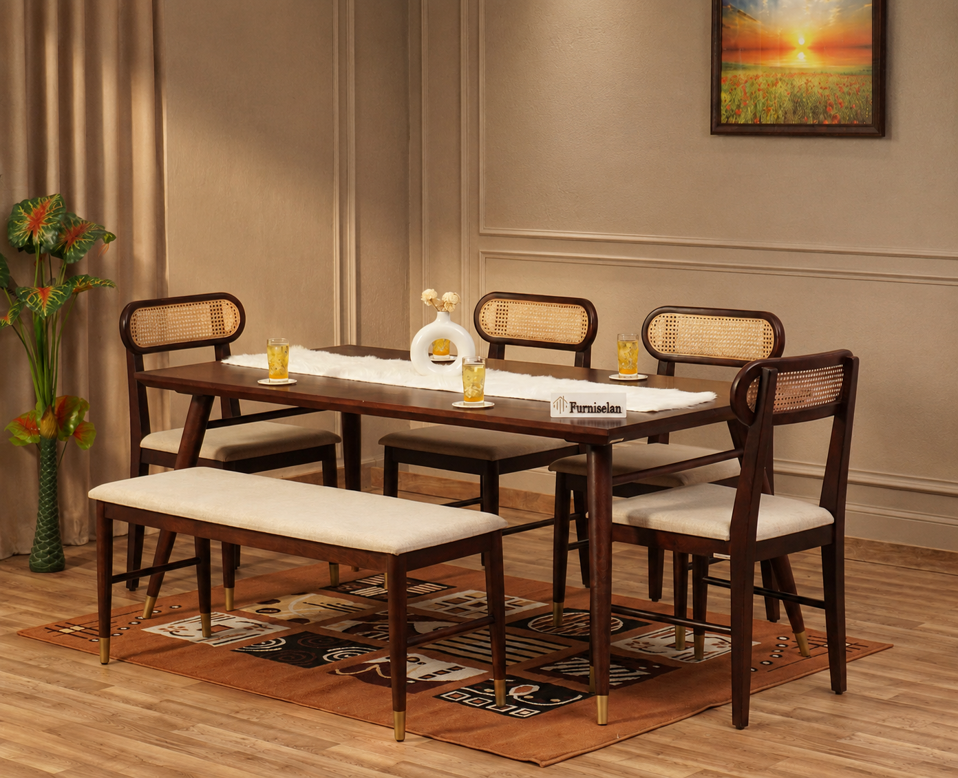 Boston Solid Wood Rattan Cane Dining Table Six Seater Set with Bench Furniselan Grey-Finish