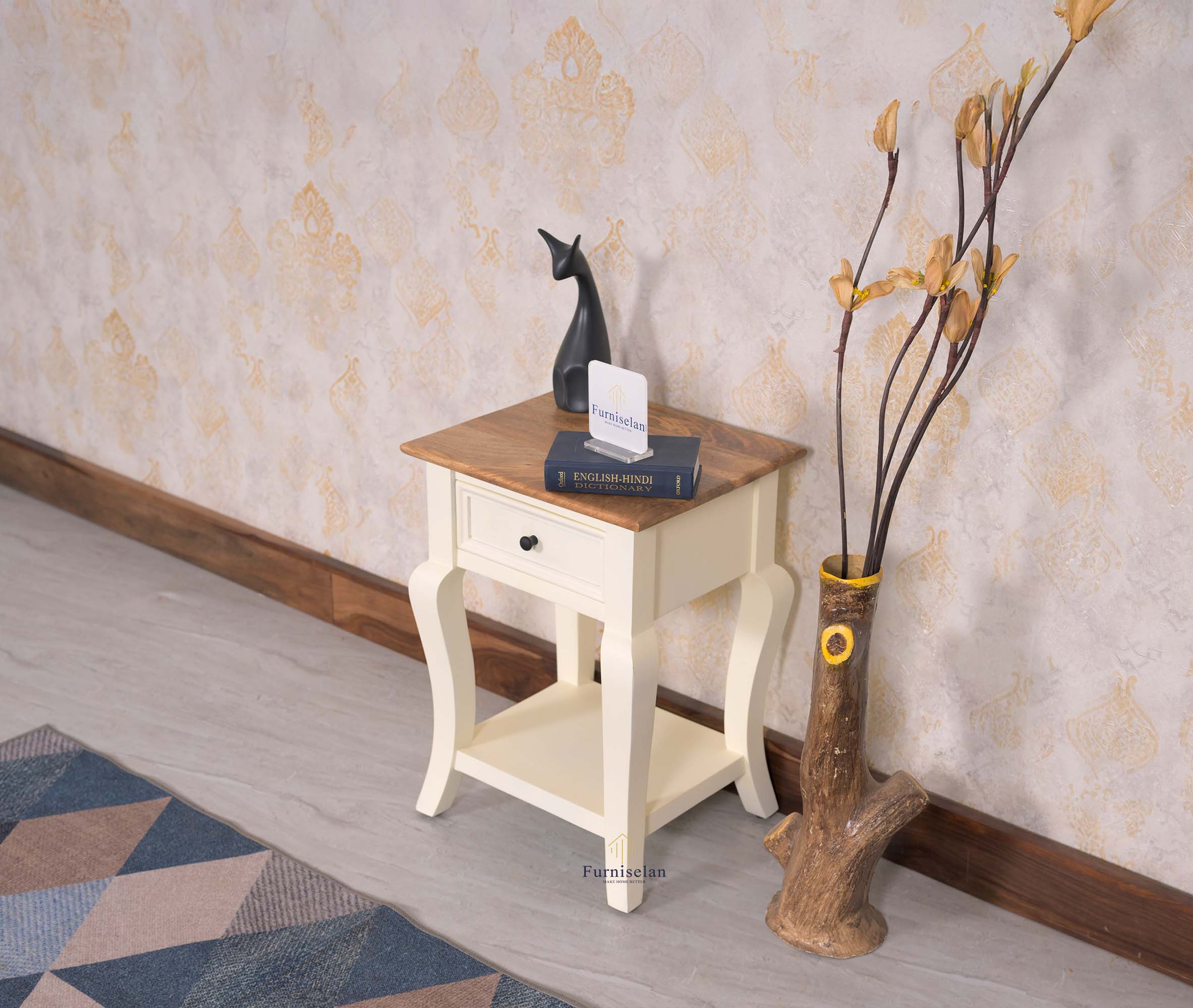 Mumbai Solid Wood One Drawer Side Table - Furniselan-Frosty-White