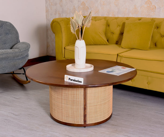 Luton Rattan Cane Wooden Round Coffee Table Furniselan