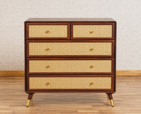 Boston Wooden Rattan Cane Chest of Drawer Five Drawer Cabinet Grey Finish