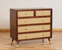 Boston Wooden Rattan Cane Chest of Drawer Five Drawer Cabinet Grey Finish