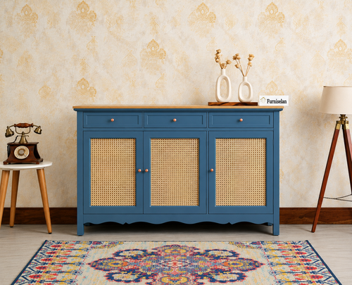 Maison Wooden Cane Premium Sideboard – Large 3 Drawer Storage Cabinet with Doors